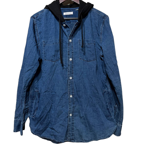 Pacsun Men’s Denim Jean Hooded Button Up Shirt - Picture 2 of 6